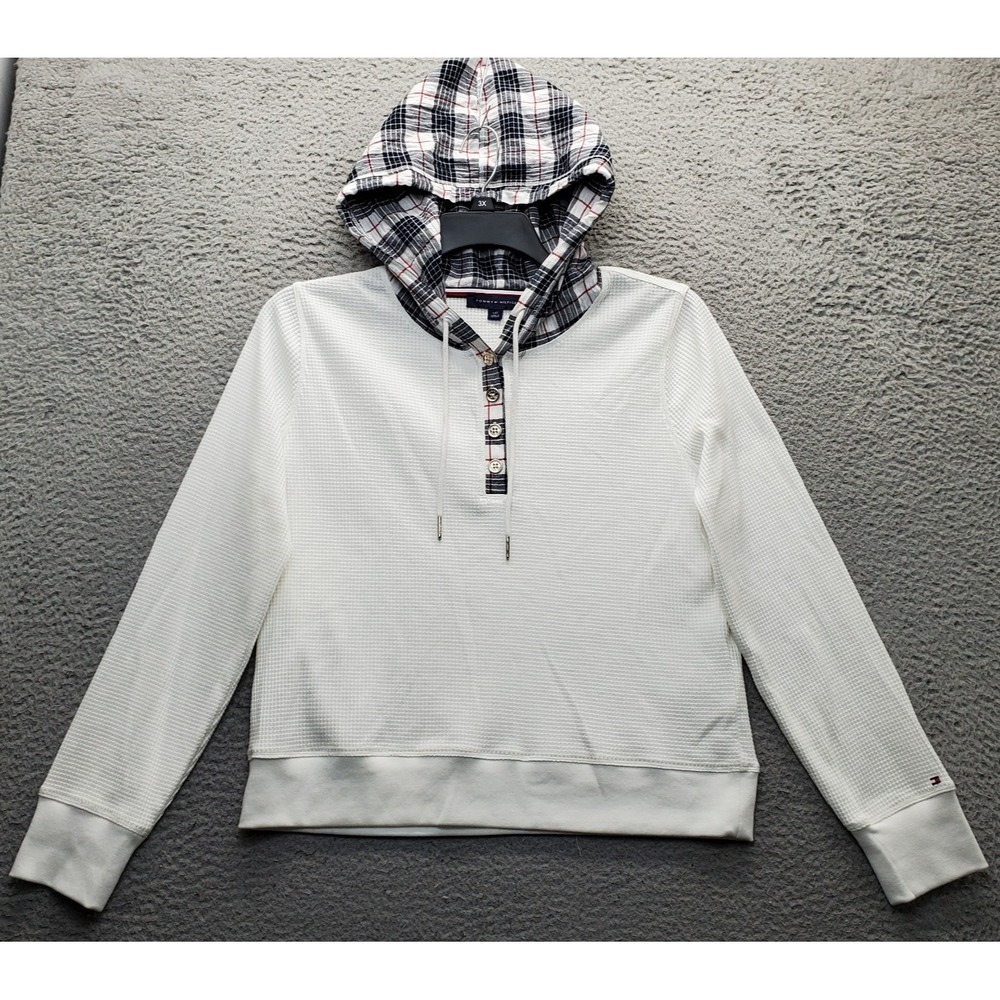 Tommy Hilfiger Mixed-Media Hoodie Womens L Multi Waffle-Knit 1/4 Button Pullover